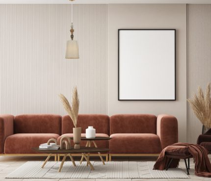 mock up poster frame in modern home interior background, living room, Scandinavian style, 3D render, 3D illustration
